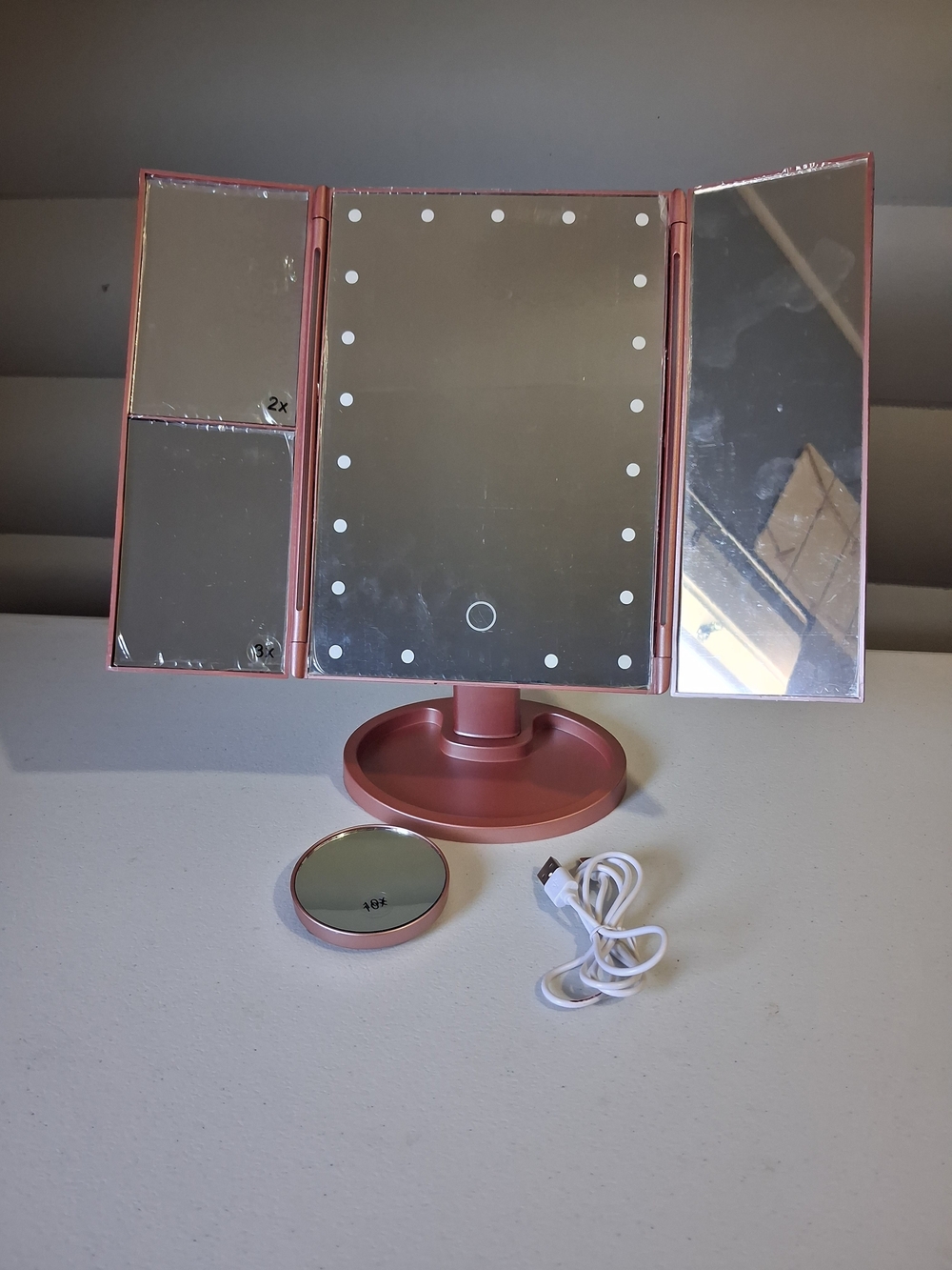 LED Tri-Fold Makeup Mirror with Touch Light - Rose Gold